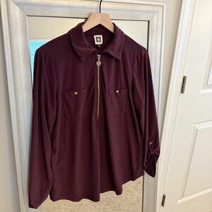 Anne Klein Women's Purple 3/4 Rolled Sleeve Zip Up Dress Shirt Blouse Size M